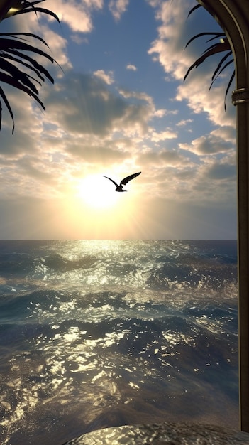 Veduta aerea del mare con un uccello che vola sull'acqua ai generativa