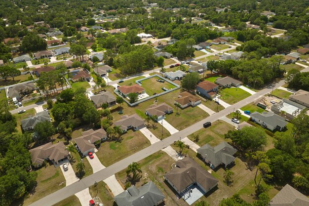 Veduta aerea del paesaggio di case private suburbane tra verdi palme nella tranquilla zona rurale della Florida