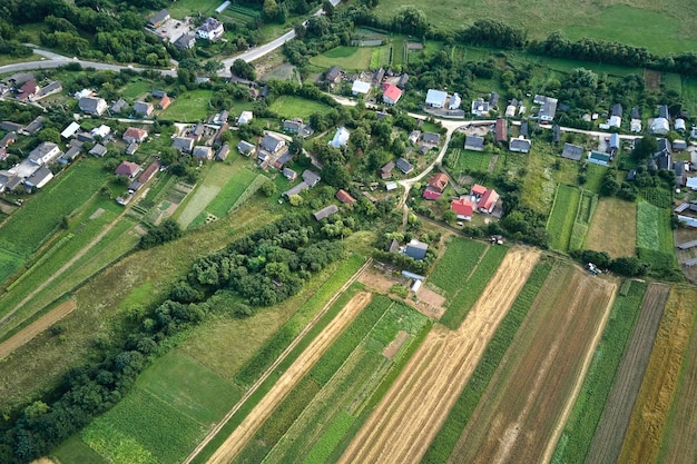 Veduta aerea del paesaggio di verdi campi agricoli coltivati con colture in crescita e case di villaggio lontane