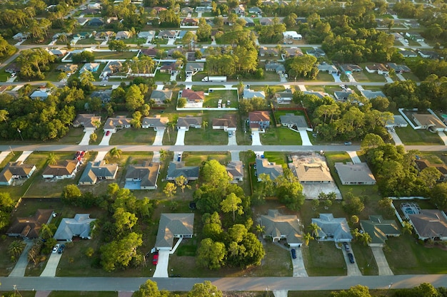 Veduta aerea del paesaggio suburbano con case private tra verdi palme nella tranquilla zona residenziale della Florida