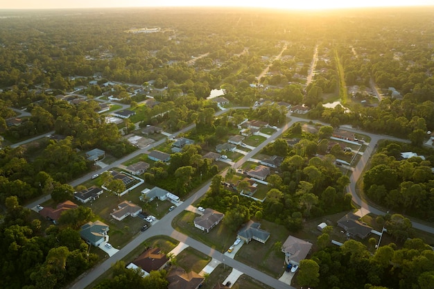 Veduta aerea del paesaggio suburbano con case private tra verdi palme nella tranquilla zona residenziale della Florida