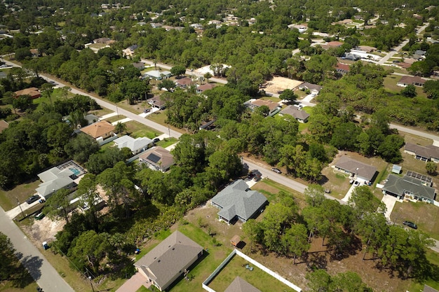 Veduta aerea del paesaggio suburbano della cittadina americana con case private tra palme verdi nella tranquilla zona residenziale della Florida