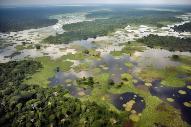 Veduta aerea dell'Amazzonia con una fitta vegetazione e una colorata fauna selvatica in primo piano