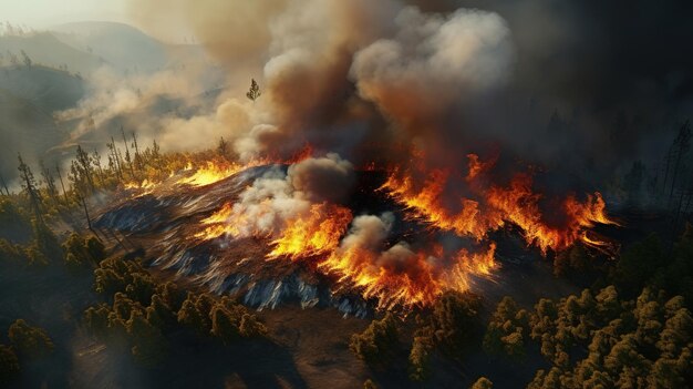 Veduta aerea dell'incendio boschivo di montagna IA generativa