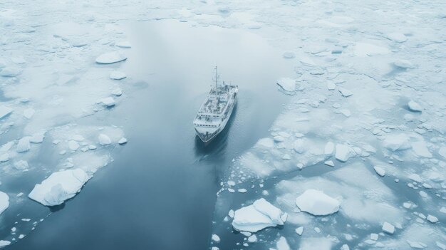 Veduta aerea dell'inverno in barca nell'oceano ghiacciato della Norvegia