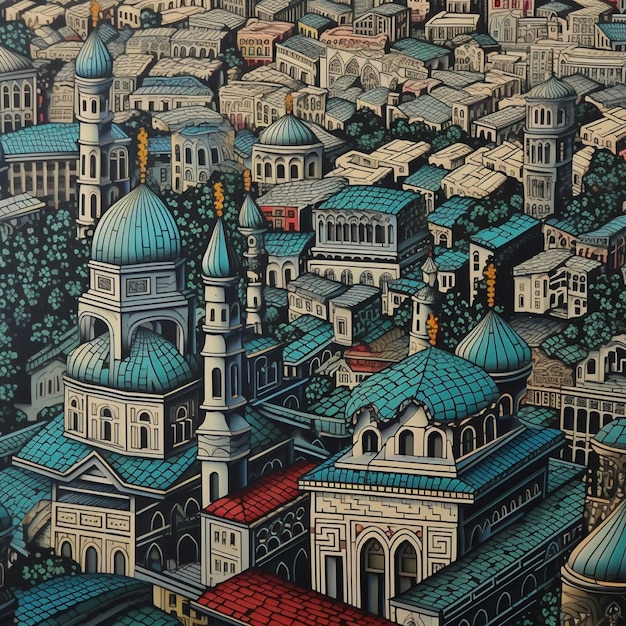 Veduta aerea della città di Istanbul Turchia Illustrazione colorata disegnata a mano