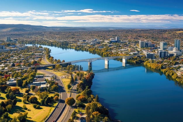 Veduta aerea della città di Perth Western Australia Vista panoramica del drone aereo guardando il Victoria Bridge sul fiume Waikato mentre attraversa la città di Hamilton AI generato