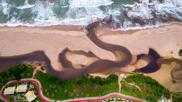 Veduta aerea della spiaggia di Imbassai, Bahia, Brasile. Bella spiaggia nel nord-est con un fiume