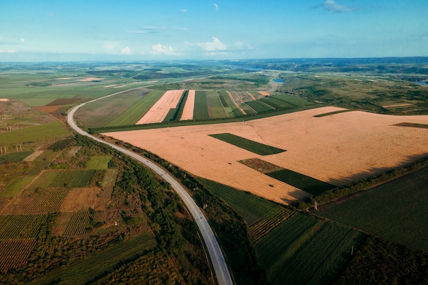 Veduta aerea della strada che attraversa i campi con diverse colture il volo del drone sopra il...