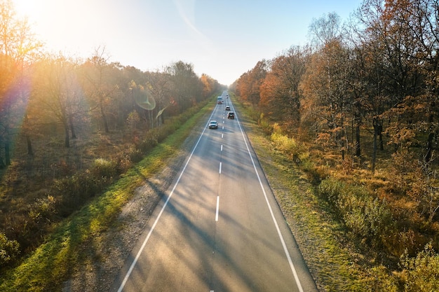 Veduta aerea della strada interurbana con auto a guida veloce tra gli alberi della foresta autunnale al tramonto Vista dall'alto dal drone del traffico autostradale in serata