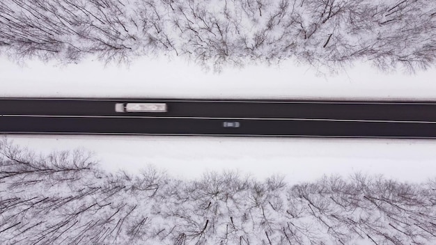 Veduta aerea della strada invernale e della foresta con alberi innevati