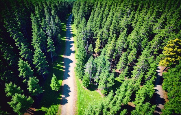 Veduta aerea della strada nella foresta di conifere