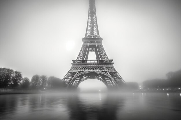 Veduta aerea della Torre Eiffel nella mattinata nebbiosa ai generativa