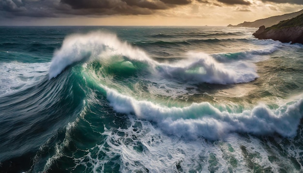 Veduta aerea delle ondate turbolente del mare che si scontrano trasmettendo potenza e intensità