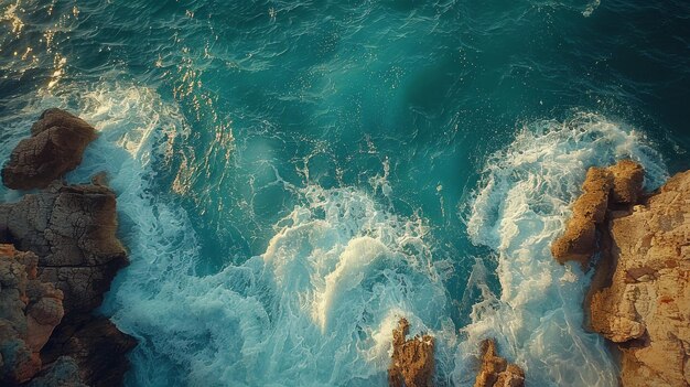 Veduta aerea delle onde oceaniche che si schiantano contro le rocce