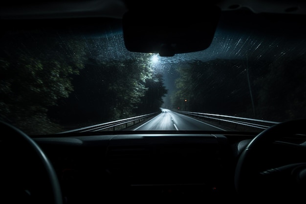 Veduta aerea di un'auto che percorre una strada di notte ai generativa