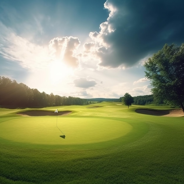 Veduta aerea di un campo da golf con un green e una buca ai generativa