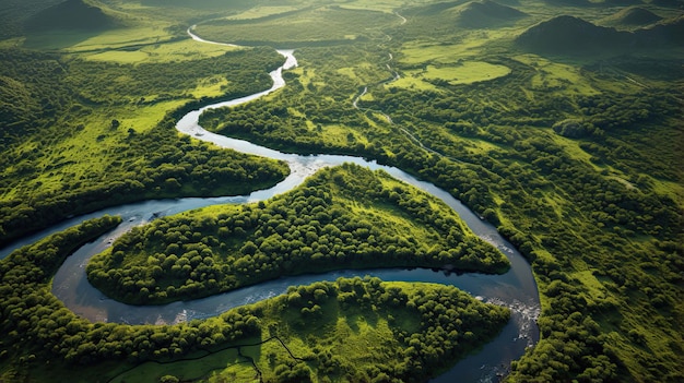 Veduta aerea di un fiume tortuoso che attraversa paesaggi lussureggianti