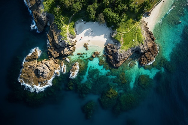 veduta aerea di un'isola tropicale con piccole rocce mare verde nello stile di indaco chiaro e scuro