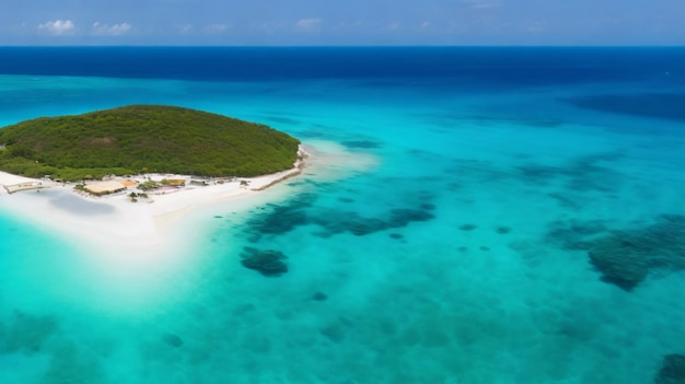 Veduta aerea di un'isola tropicale con sabbia bianca e acqua turchese