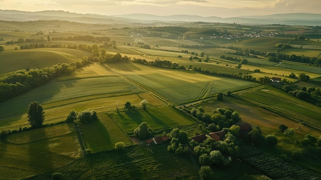 Veduta aerea di un paesaggio rurale con campi e piante verdi e terreni agricoli di sfondo naturale