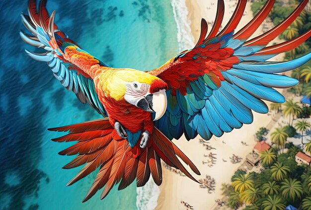 veduta aerea di un pappagallo che vola vicino alla spiaggia in uno stile fantasy colorato