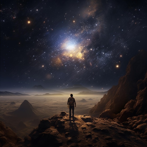Veduta aerea di un uomo in piedi su una montagna che guarda le stelle ai generative