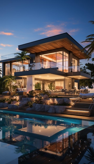 Veduta aerea di una casa moderna con piscina e patio generativo ai