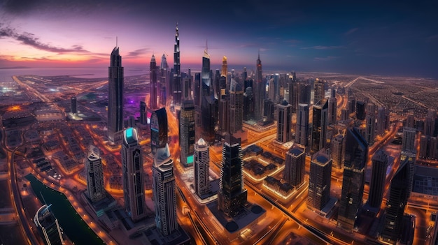 Veduta aerea di una città colorata e vibrante di notte Grattacieli e skyline urbano illuminati al crepuscolo Ai generativa