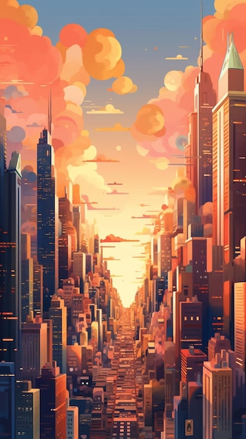 Veduta aerea di una città con un tramonto sullo sfondo generativo ai