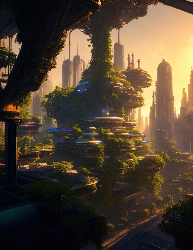 Veduta aerea di una città solarpunk