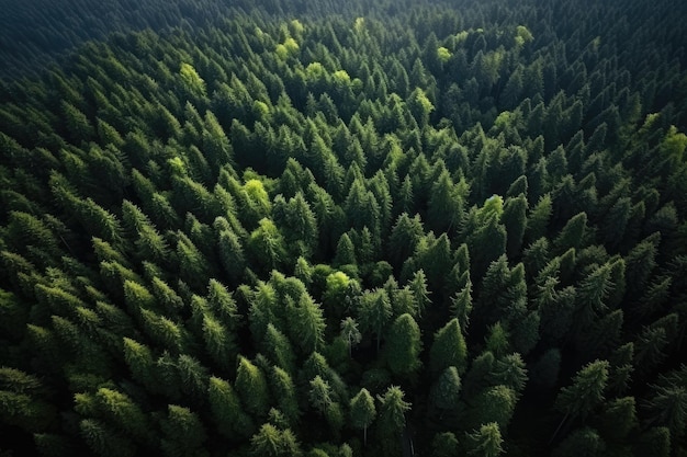 Veduta aerea di una foresta di conifere verdi al mattino veduta aerea d'una foresta generata da AI