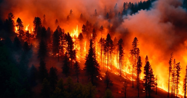 Veduta aerea di una foresta in fiamme