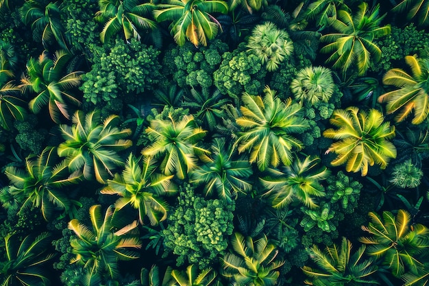 Veduta aerea di una lussureggiante pianta tropicale che lascia una consistenza per lo sfondo naturale o la carta da parati