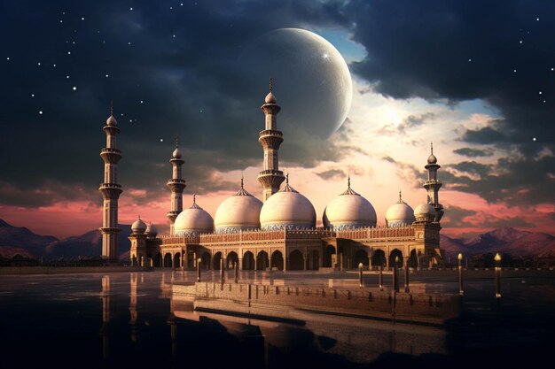 Veduta aerea di una moschea con una luna sullo sfondo generativa ai