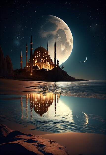veduta aerea di una moschea su una spiaggia con la luna piena ai generativa