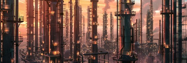 Veduta aerea di una raffineria di petrolio al crepuscolo con strutture torreggianti e condotte illuminate sec