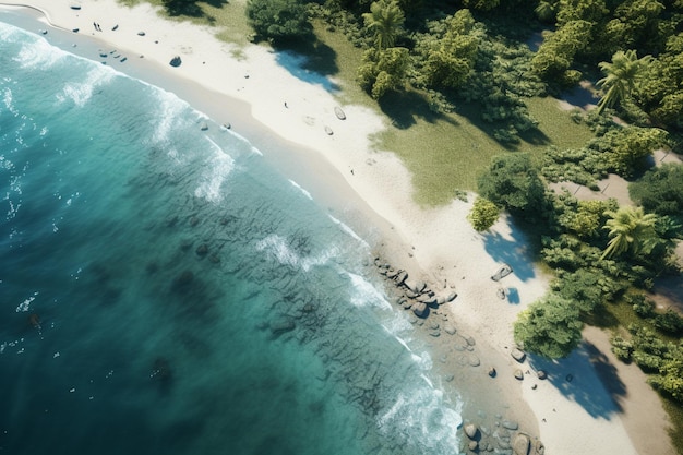 veduta aerea di una spiaggia con molti alberi e persone ai