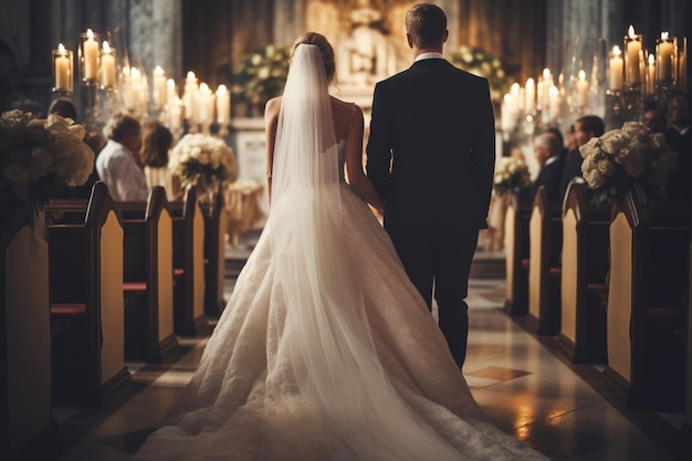 Veduta aerea di una sposa e uno sposo che camminano lungo la navata di una chiesa generativa ai