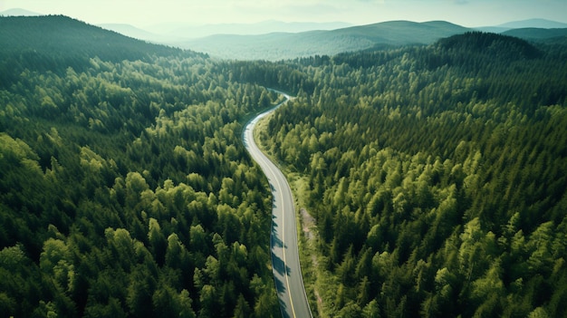 Veduta aerea di una strada in mezzo alla curva verde della strada forestale fino alla montagna Viaggio con il concetto di auto