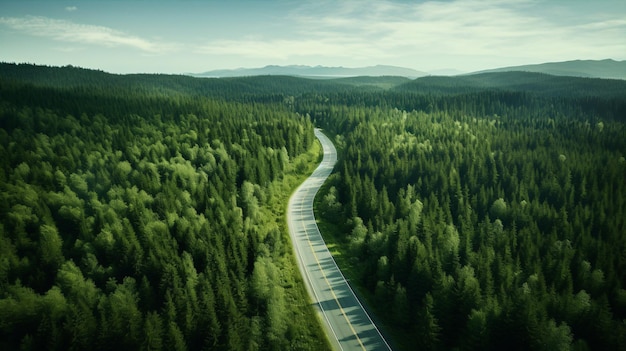 Veduta aerea di una strada in mezzo alla curva verde della strada forestale fino alla montagna Viaggio con il concetto di auto