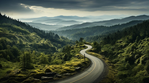 Veduta aerea di una strada in mezzo alla curva verde della strada forestale fino alla montagna Viaggio con il concetto di auto