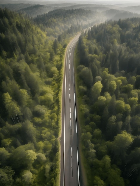 Veduta aerea di una strada in una foresta