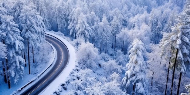 Veduta aerea di una strada invernale innevata con tornanti serpentini in una foresta