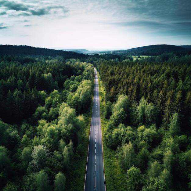 Veduta aerea di una strada nel mezzo di una foresta generativa ai