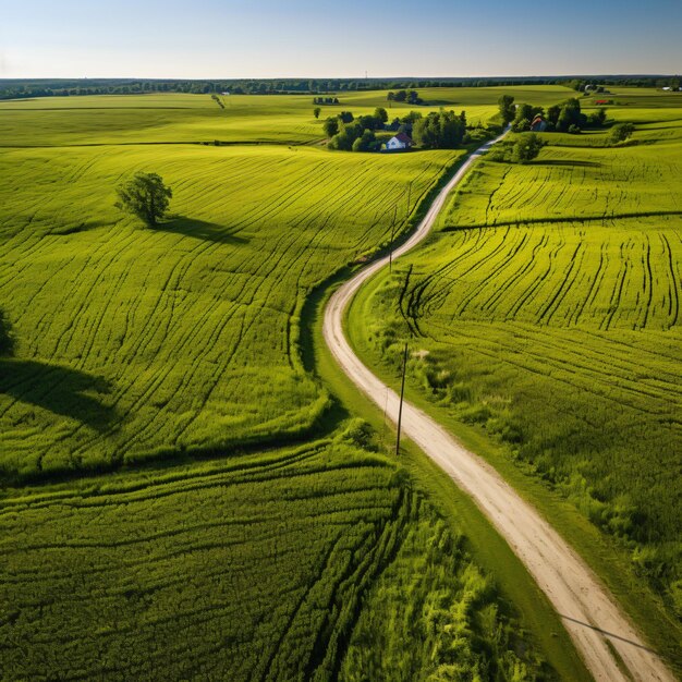 Veduta aerea di una strada rurale attraverso terreni agricoli natura