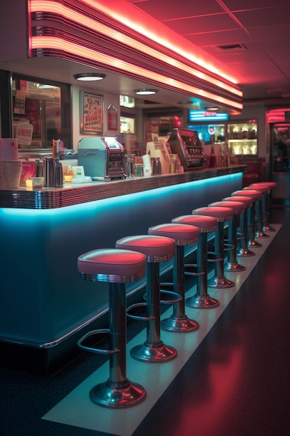 Veduta aerea di una tavola calda con una fila di sgabelli e luci al neon generative ai