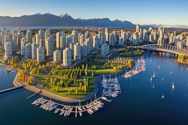 Veduta aerea di Vancouver America Panorama aereo del centro città a False Creek Vancouver British Columbia Canada Generato dall'intelligenza artificiale