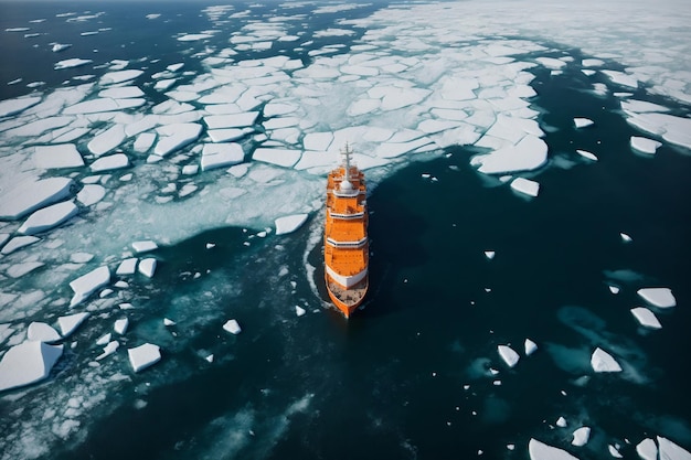 Veduta aerea minimalista di una rompighiaccio arancione nel ghiaccio marino
