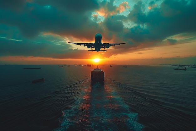 Veduta aerea nave contenitore che trasporta container in attività di importazione esportazione logistica e trasporto internazionale in nave contenitore in mare aperto